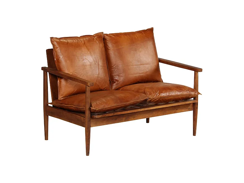 2-Sitzer Sofa Echtleder mit Akazienholz Braun