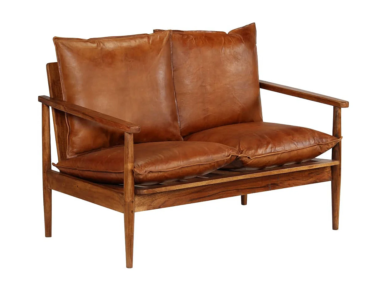 2-Sitzer Sofa Echtleder mit Akazienholz Braun