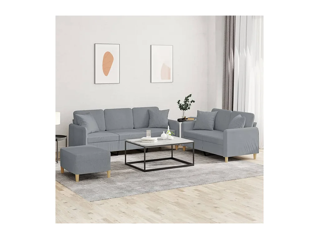 Set divano 3 pezzi cuscini tessuto grigio chiaro