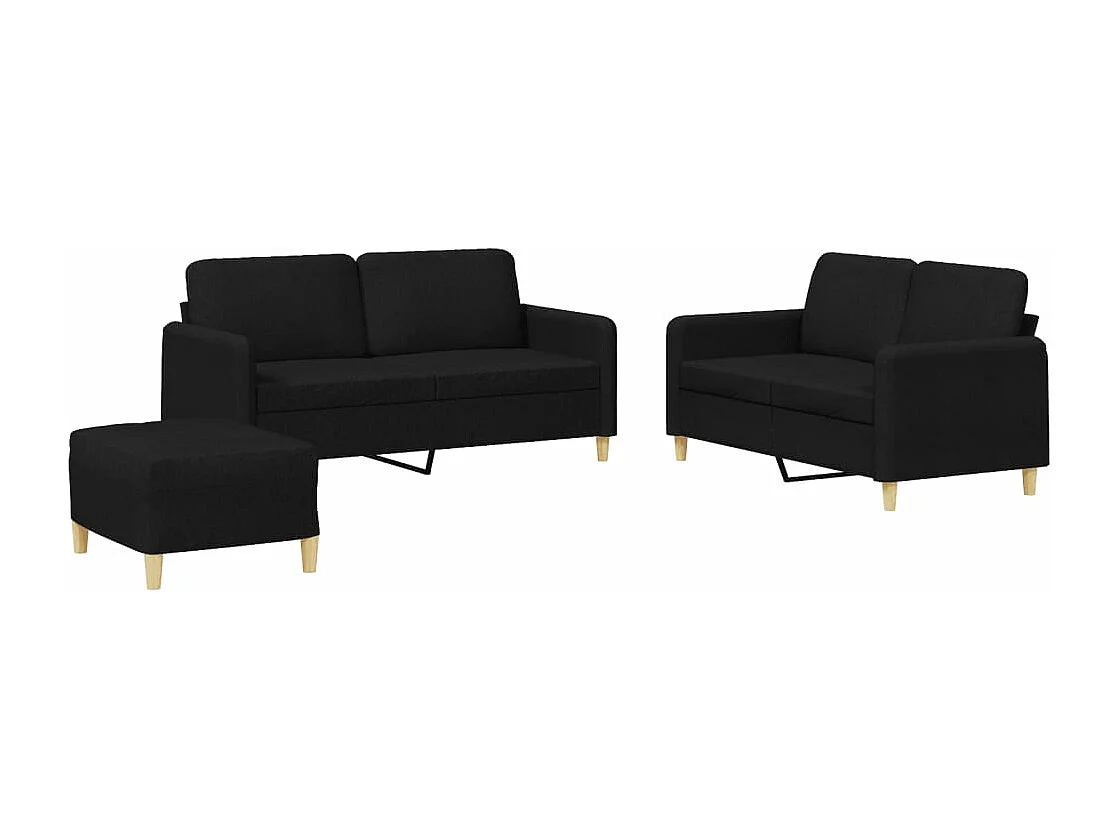 3-teiliges Sofaset mit Kissen, schwarzer Stoff
