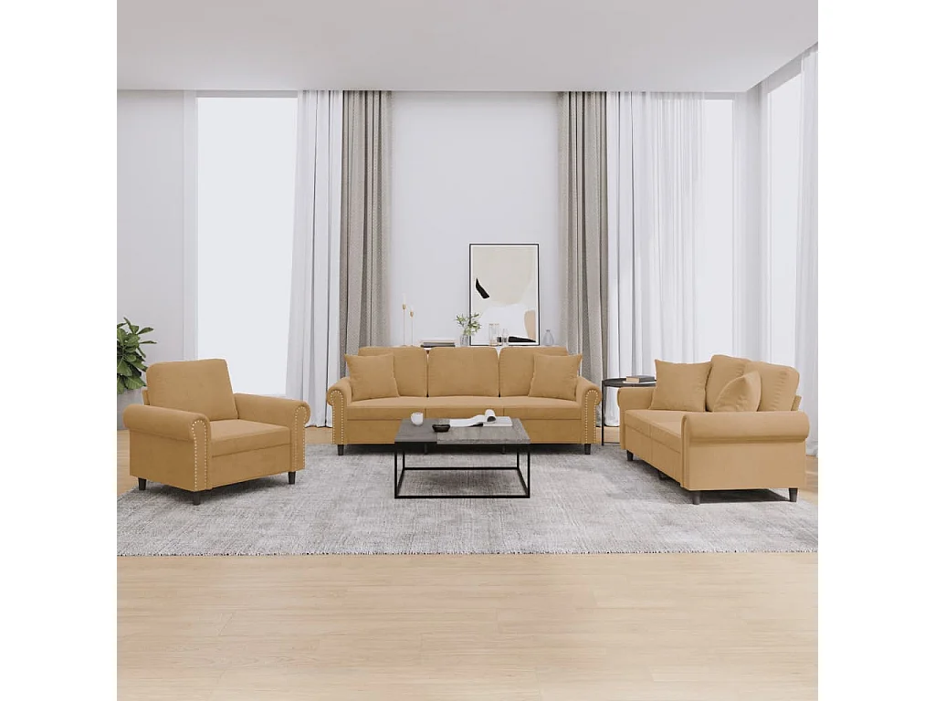 Set di 3 divani con cuscini in velluto marrone