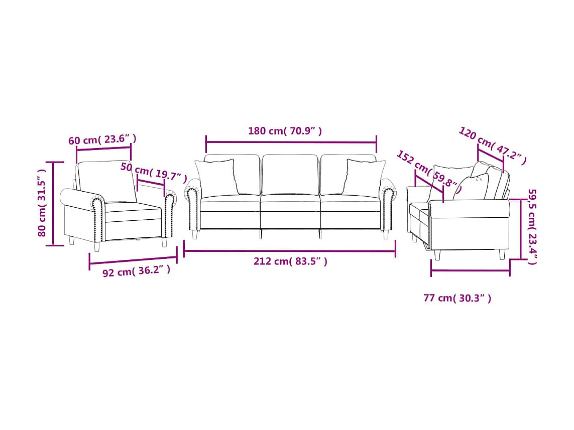 Set di 3 divani con cuscini in velluto marrone