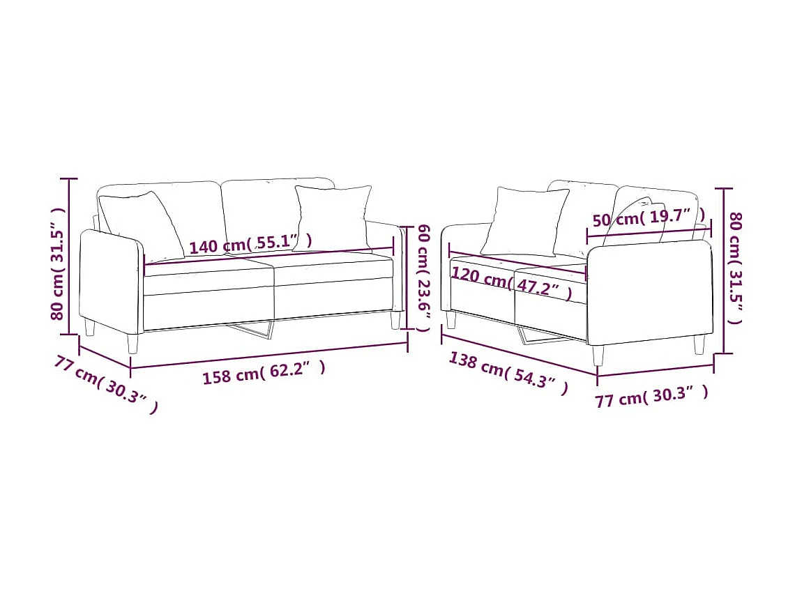 Conjunto de sofá de 2 peças com almofadas de tecido taupe