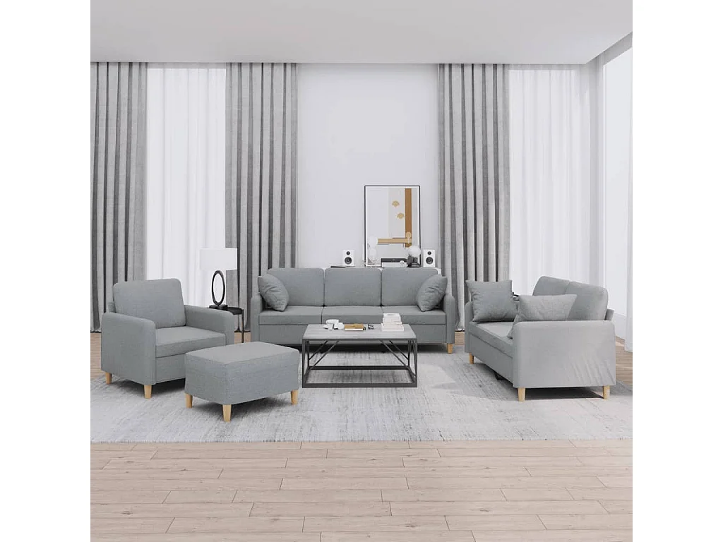 Set divano 4 pezzi cuscini tessuto grigio chiaro