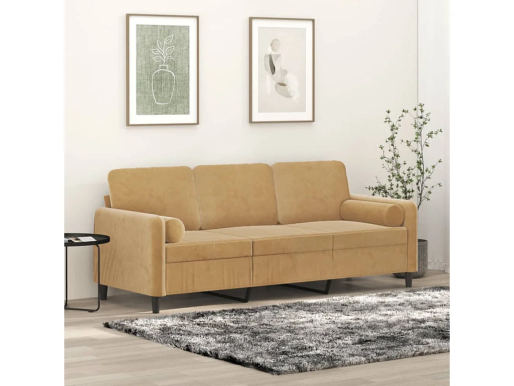 Sofá 3 plazas con cojines decorativos terciopelo marrón 180 cm