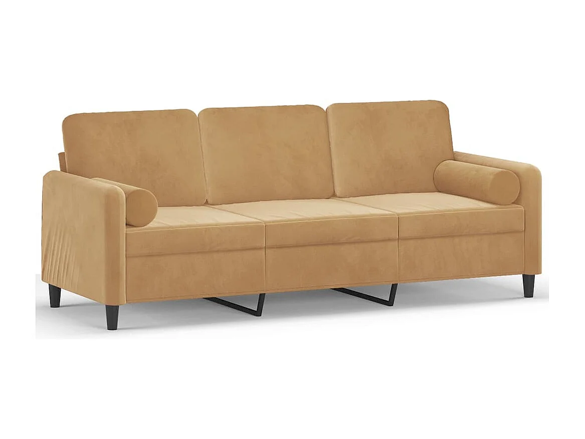 Sofá 3 plazas con cojines decorativos terciopelo marrón 180 cm