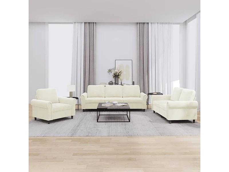 Set divano 3 pezzi con cuscini in velluto crema