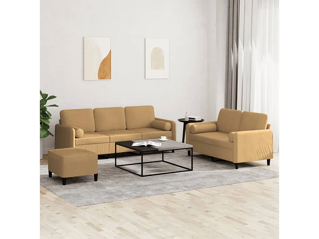 Ensemble de canapés 3 pcs avec coussins marron velours