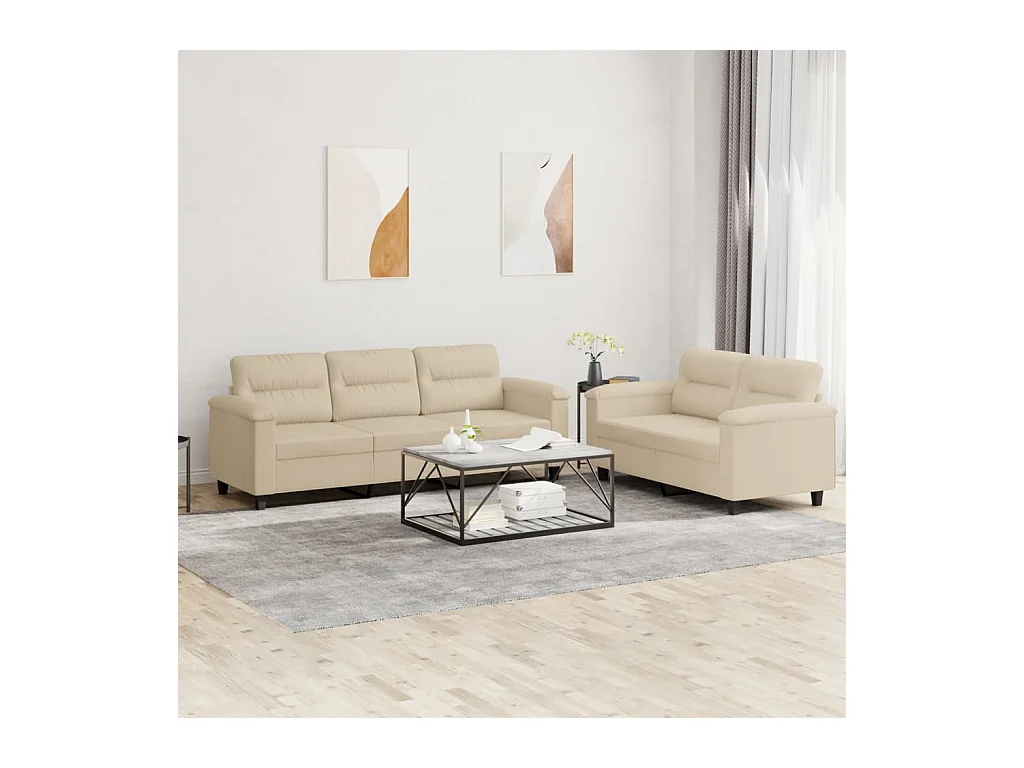 2-teiliges Sofaset mit cremefarbenen Kissen aus Mikrofaserstoff