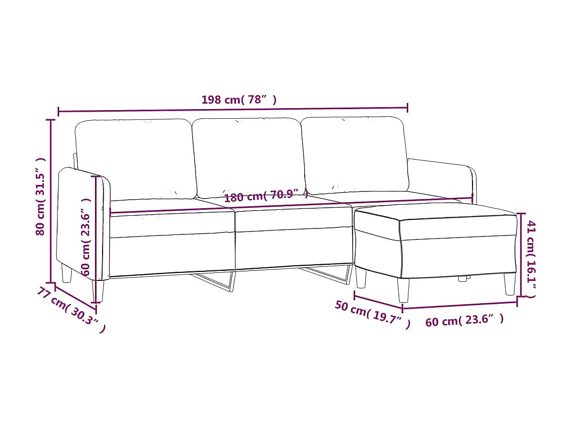 Canapé à 3 places avec repose-pieds Gris clair 180 cm Tissu
