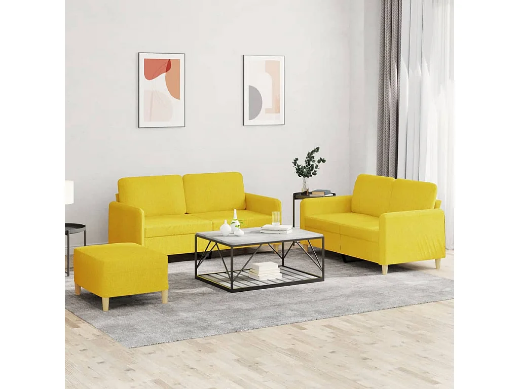 Set divano 3 pezzi con cuscini in tessuto giallo chiaro
