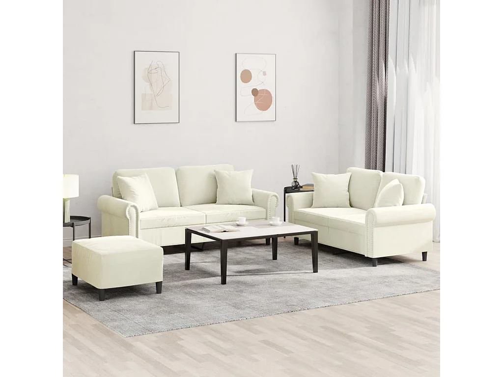 Conjunto de sofá de 3 peças com almofadas de veludo creme