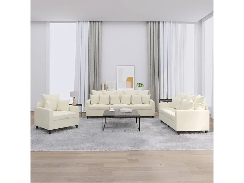 Set divano 3 pezzi con cuscini in velluto crema