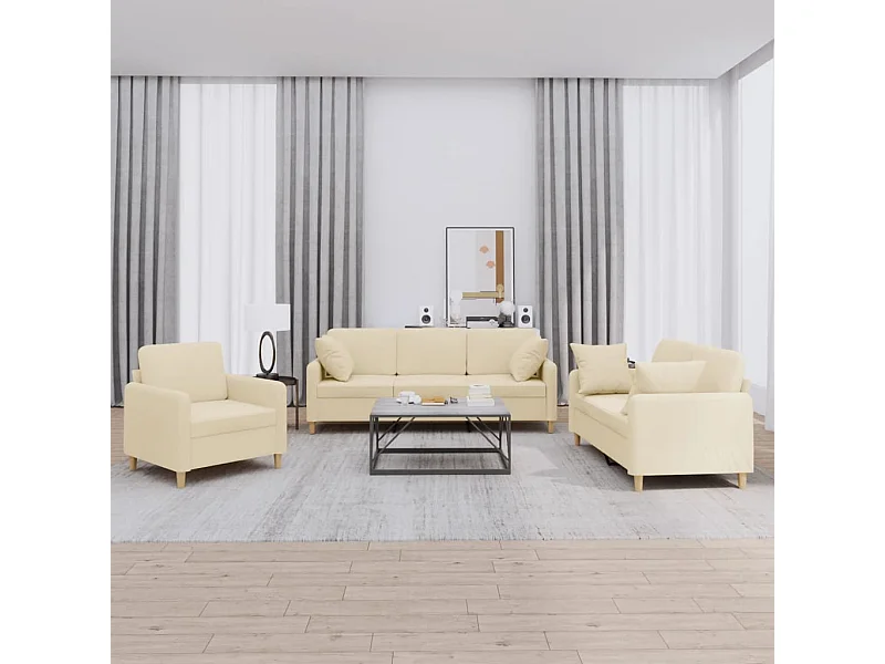 Conjunto de sofá de 3 peças com almofadas de tecido creme