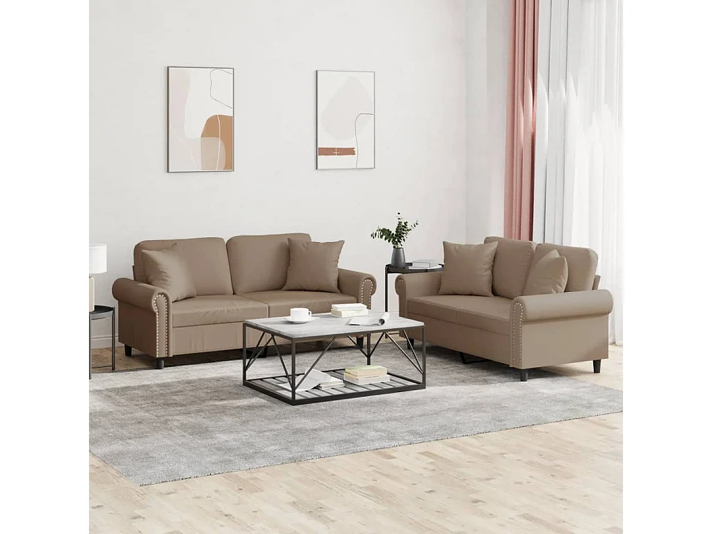 Conjunto de sofá de 2 piezas con cojines capuchino de piel sintética