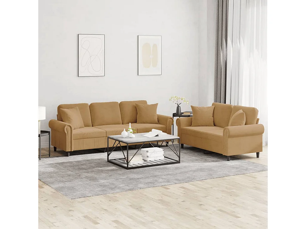 Ensemble de canapés 2 pcs avec coussins marron velours