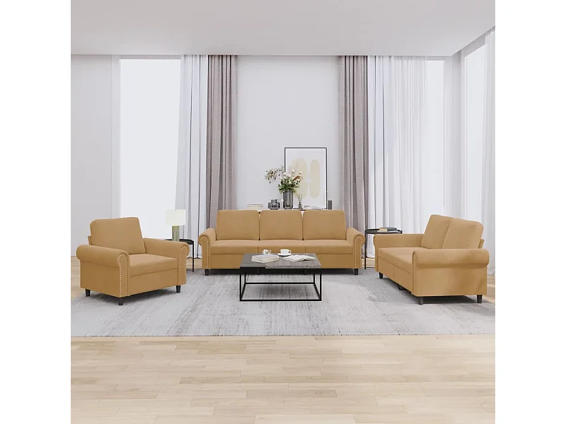 Conjunto de sofá de 3 peças com almofadas de veludo marrom