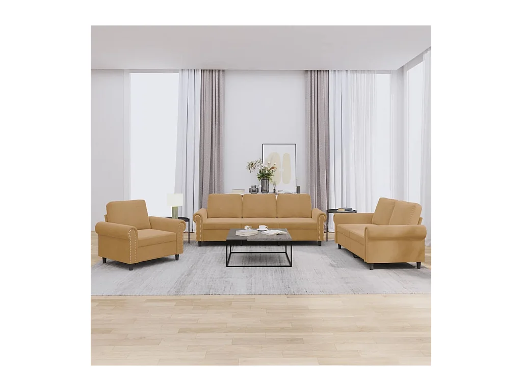 Ensemble de canapés 3 pcs avec coussins Marron Velours