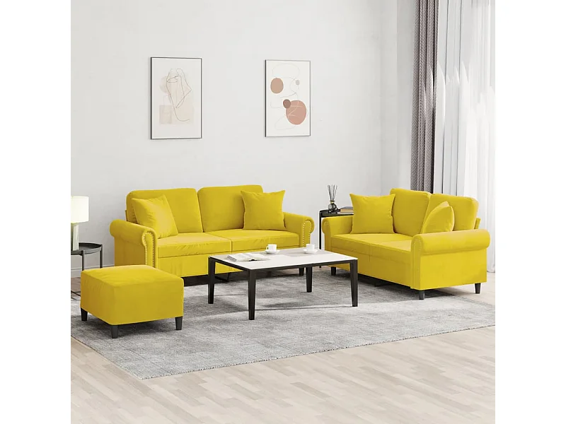 Conjunto de sofá de 3 piezas con cojines de terciopelo amarillo