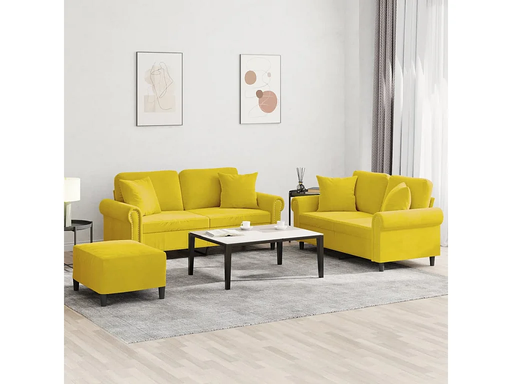 Conjunto de sofá de 3 piezas con cojines de terciopelo amarillo