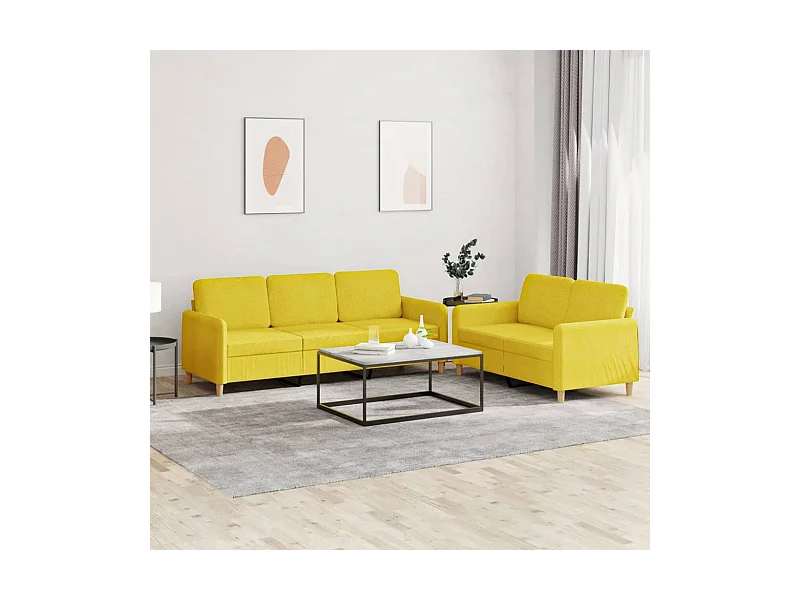 Set divano 2 pezzi con cuscini in tessuto giallo chiaro