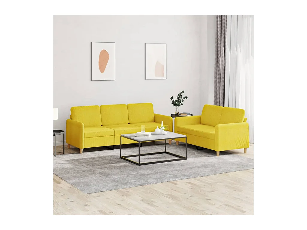 2-teiliges Sofaset mit Kissen, hellgelber Stoff