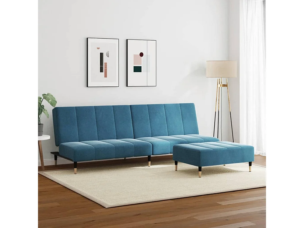 Sofá cama 2 lugares com apoio para os pés veludo azul