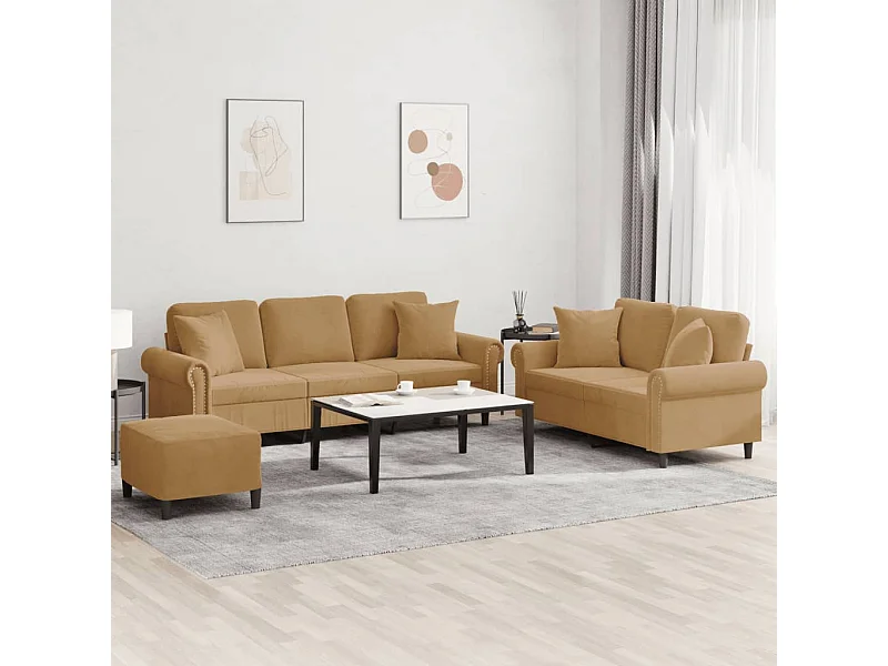 Conjunto de sofá de 3 peças com almofadas de veludo marrom
