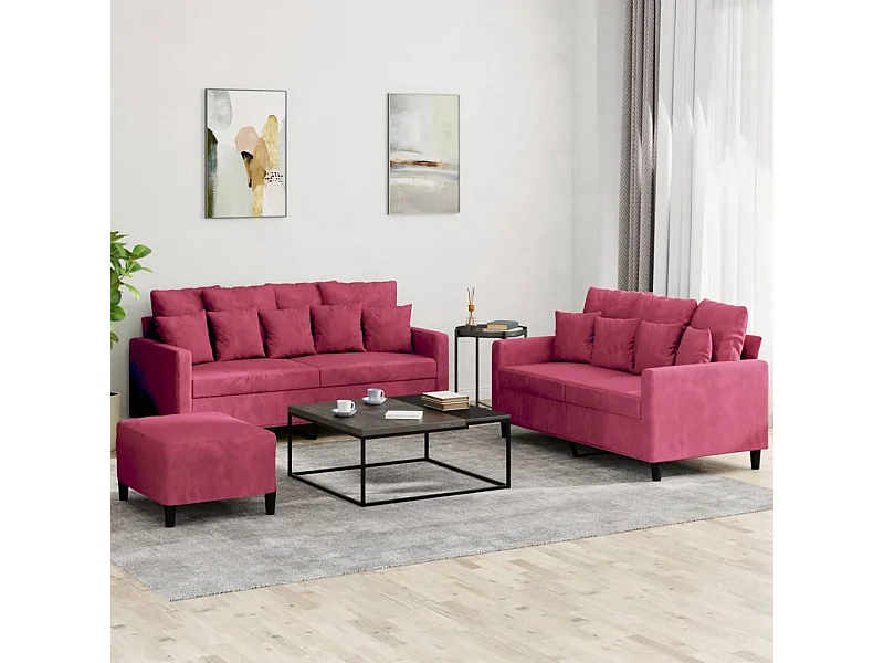Conjunto de sofá de 3 peças com almofadas Borgonha veludo vermelho