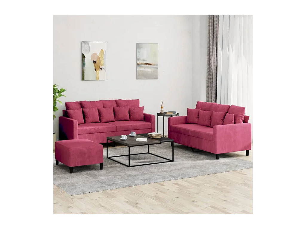 3-teiliges Sofa-Set mit Kissen, Burgunderroter Samt