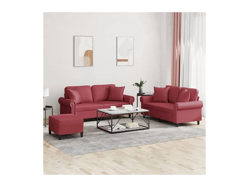 Ensemble de canapés 3 pcs et coussins rouge bordeaux similicuir