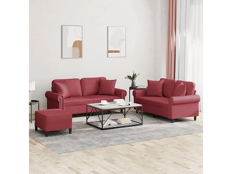Set divano 3 pezzi e cuscini in similpelle rosso bordeaux