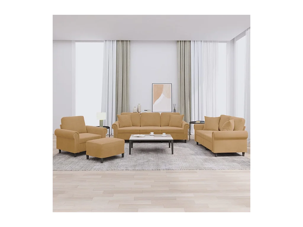 Ensemble de canapés 4 pcs avec coussins marron velours