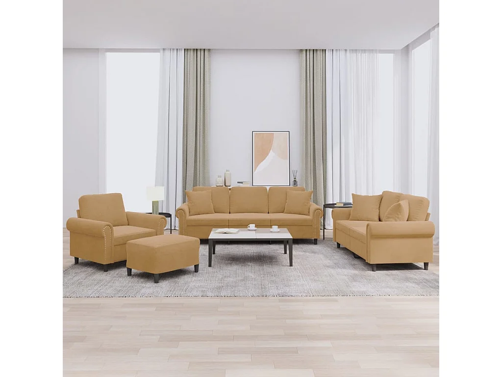 Ensemble de canapés 4 pcs avec coussins marron velours