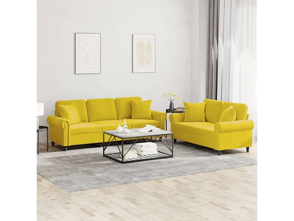 Ensemble de canapés 2 pcs avec coussins jaune velours