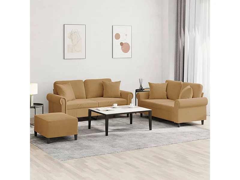 Ensemble de canapés 3 pcs avec coussins marron velours