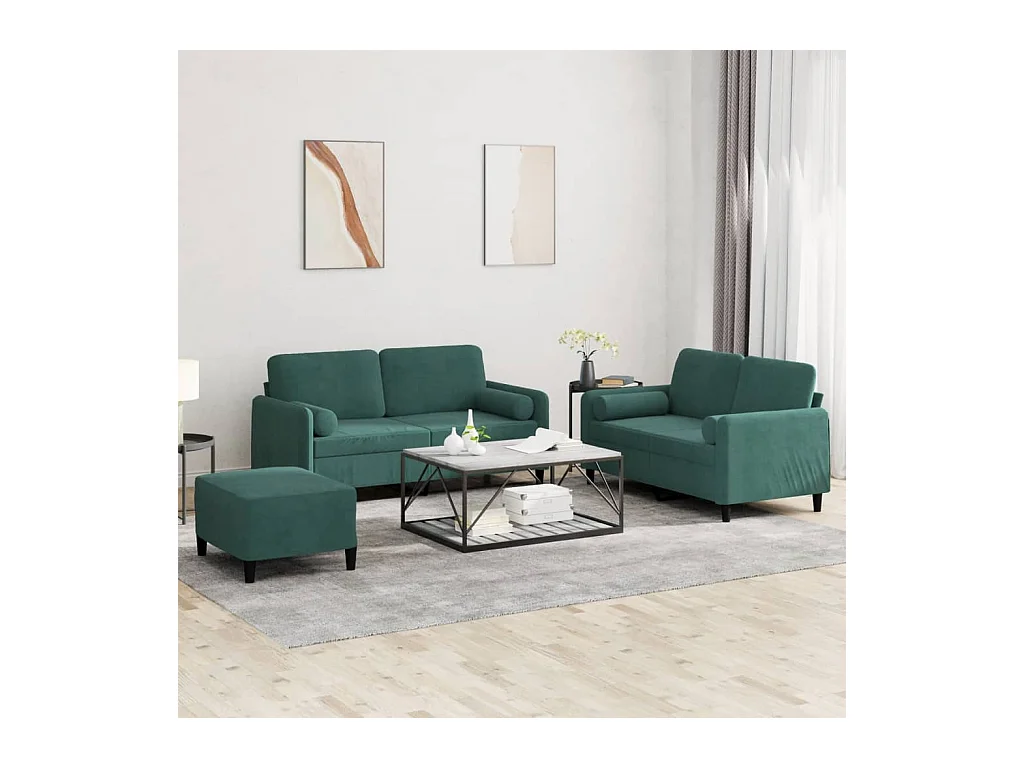 Ensemble de canapés 3 pcs avec coussins vert foncé velours