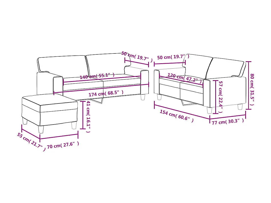3-teiliges Sofa-Set, burgunderrot, Kunstleder