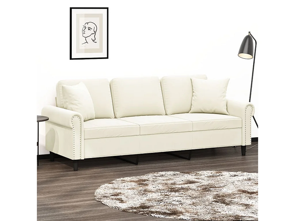 Sofá 3 lugares com almofadas decorativas creme 180 cm veludo
