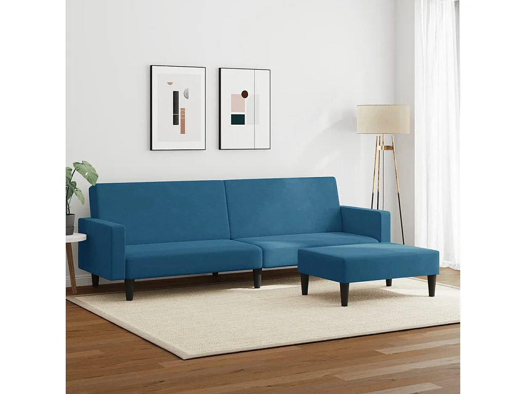 Divano letto 2 posti con poggiapiedi velluto blu