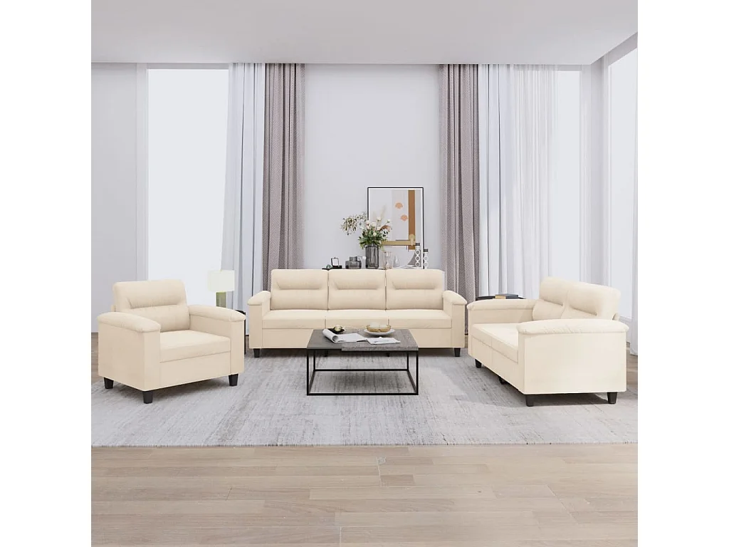 3-teiliges Sofaset mit beigen Kissen aus Mikrofaserstoff