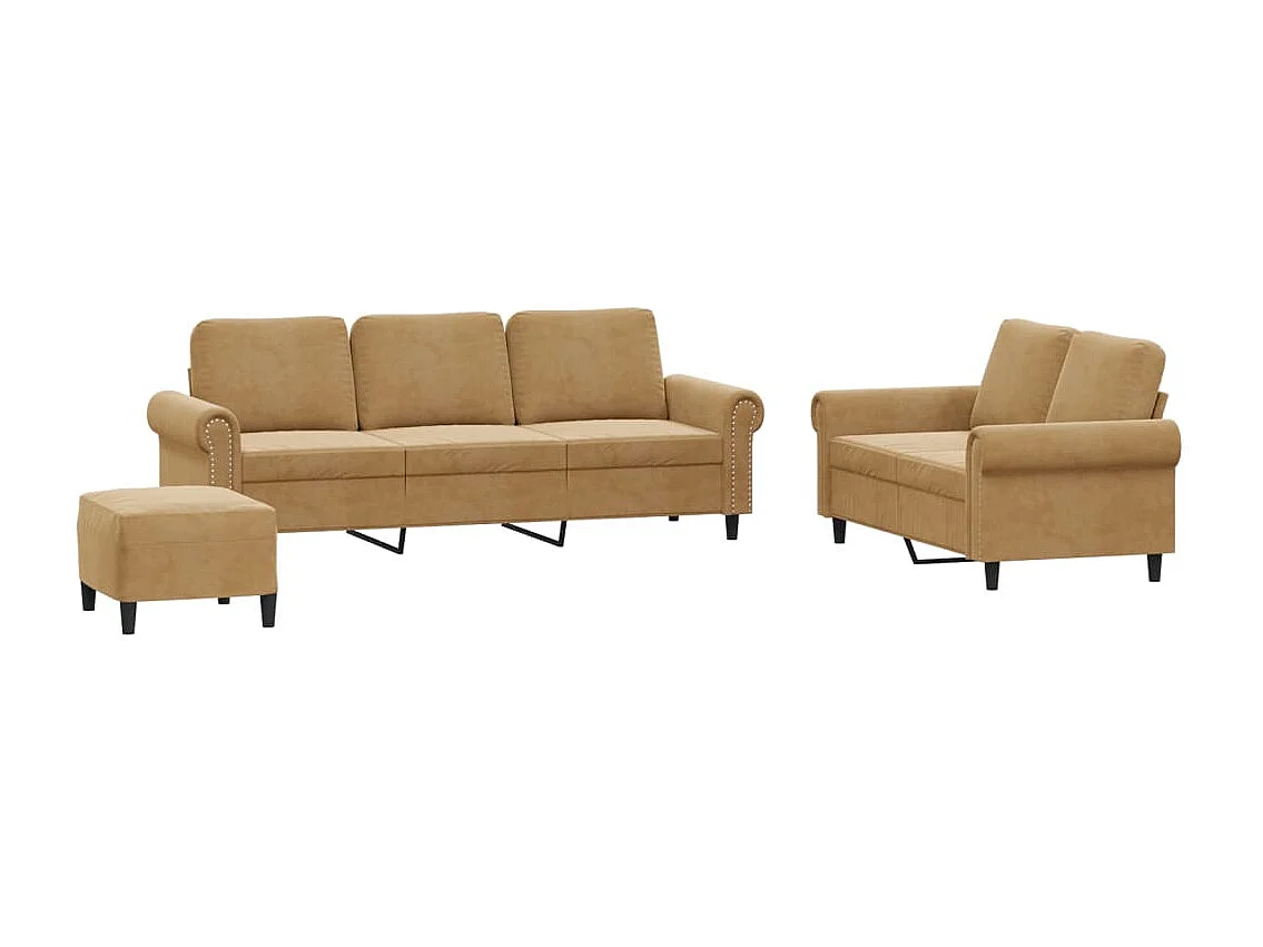 Conjunto de sofá de 3 peças com almofadas de veludo marrom