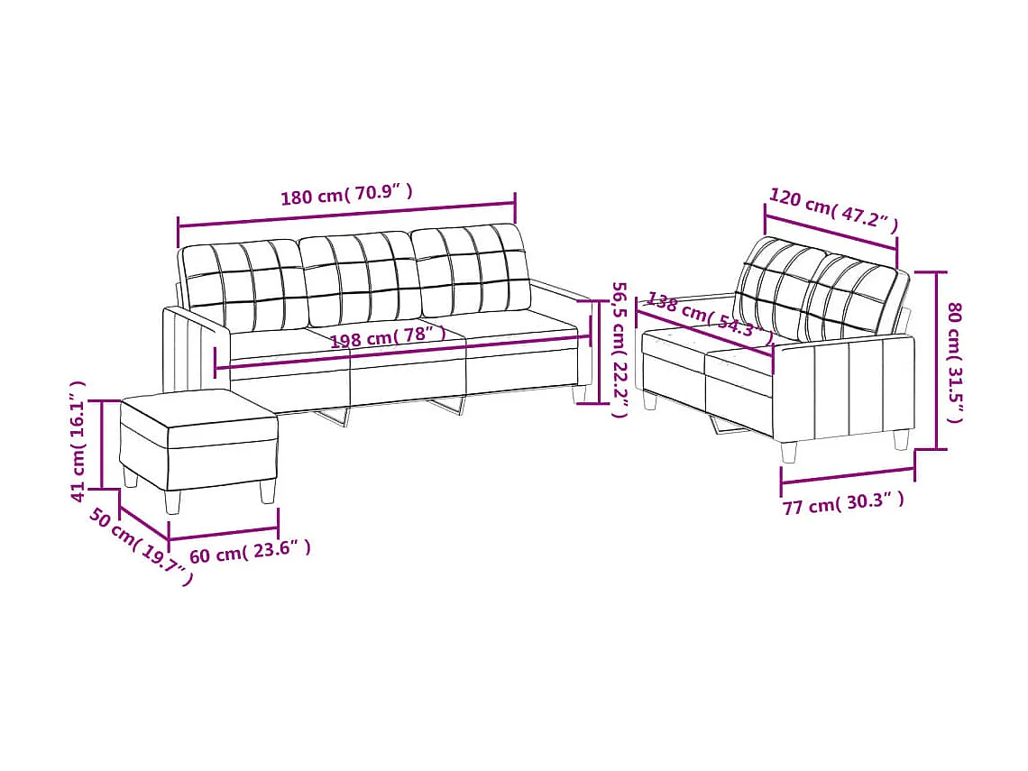 3-delige bankstel met kussens, crèmekleurig imitatieleer