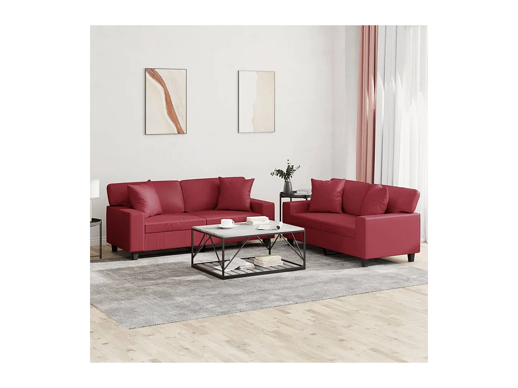 Ensemble de canapés 2 pcs et coussins rouge bordeaux similicuir