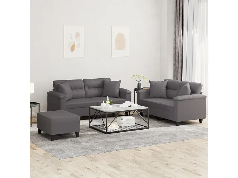 Set di 3 divani con cuscini in similpelle grigia