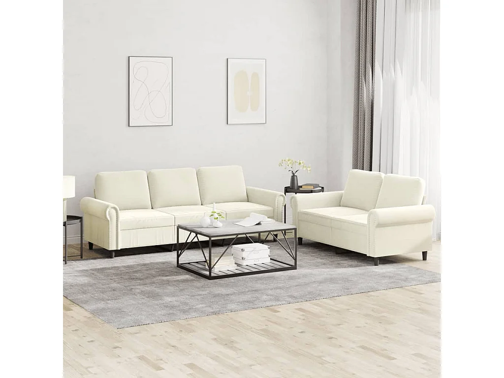 Set divano 2 pezzi con cuscini in velluto crema