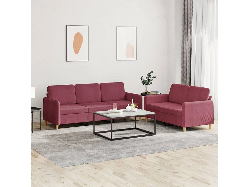 2-teiliges Sofa-Set mit Kissen, burgunderroter Stoff