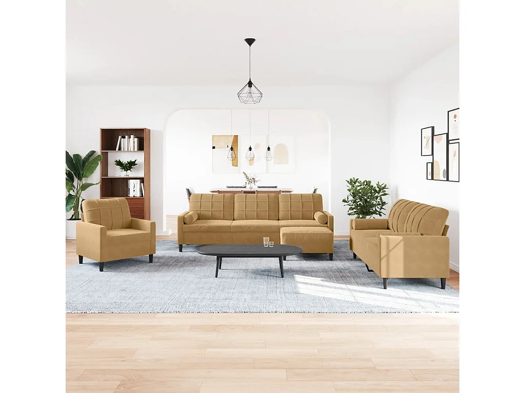 4-teiliges Sofa-Set mit Samtkissen und Nackenrollen