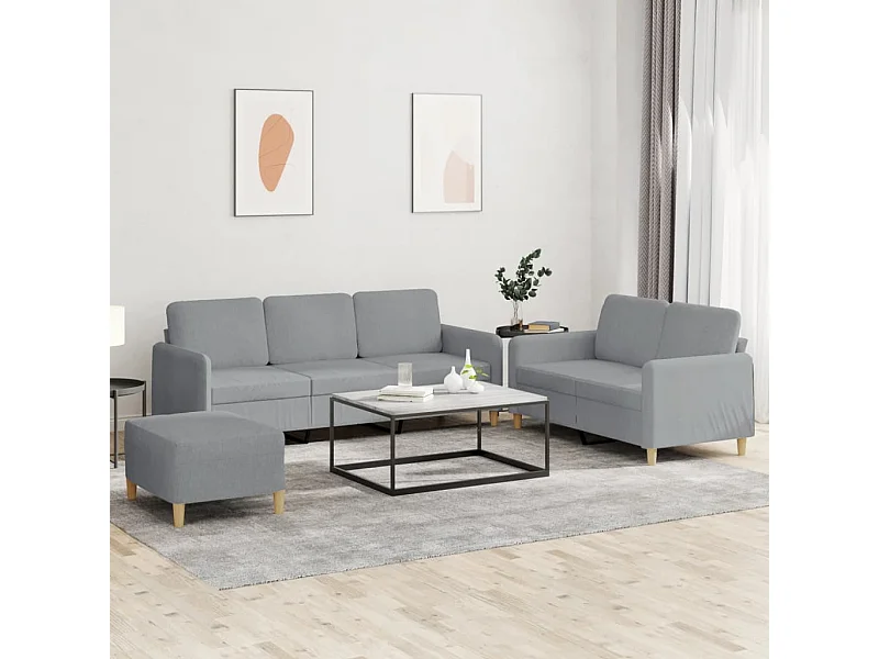 Set divano 3 pezzi con cuscini in tessuto grigio chiaro