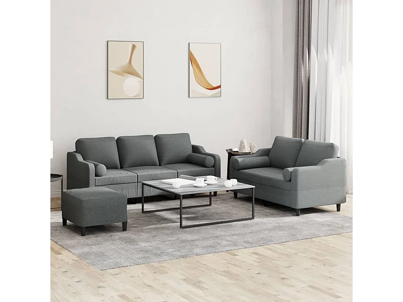 Set divano 3 pezzi cuscini grigio scuro tessuto